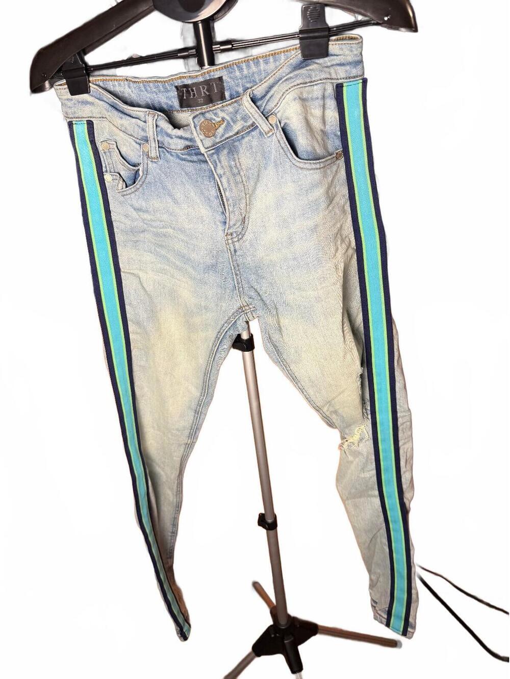 THRT Light Wash Denim skinny Jeans w Green Side Stripes sz 32 vintage distressed